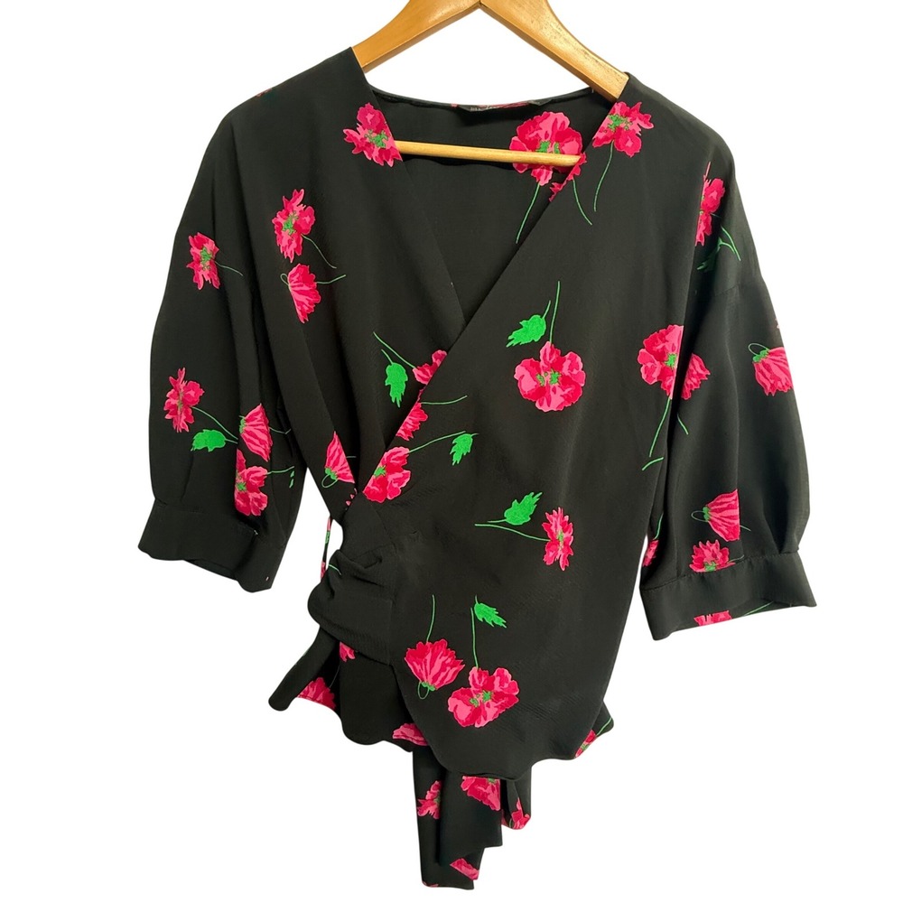 Zara Basic Floral Wrap Top Black Pink Poppy V-Neck Side Tie Blouse Womens Large